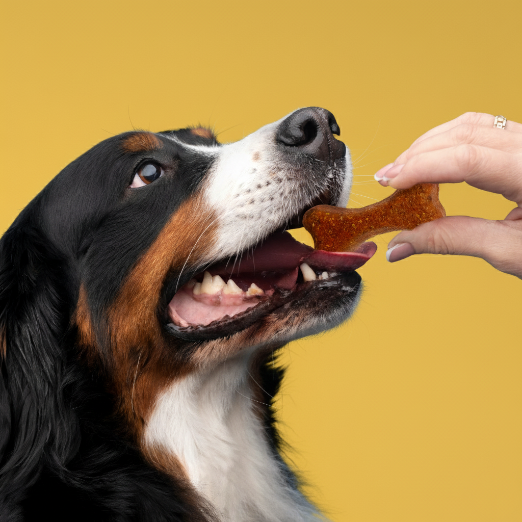 Illustration of a senior dog with a Plutos Cheese & Krill chew