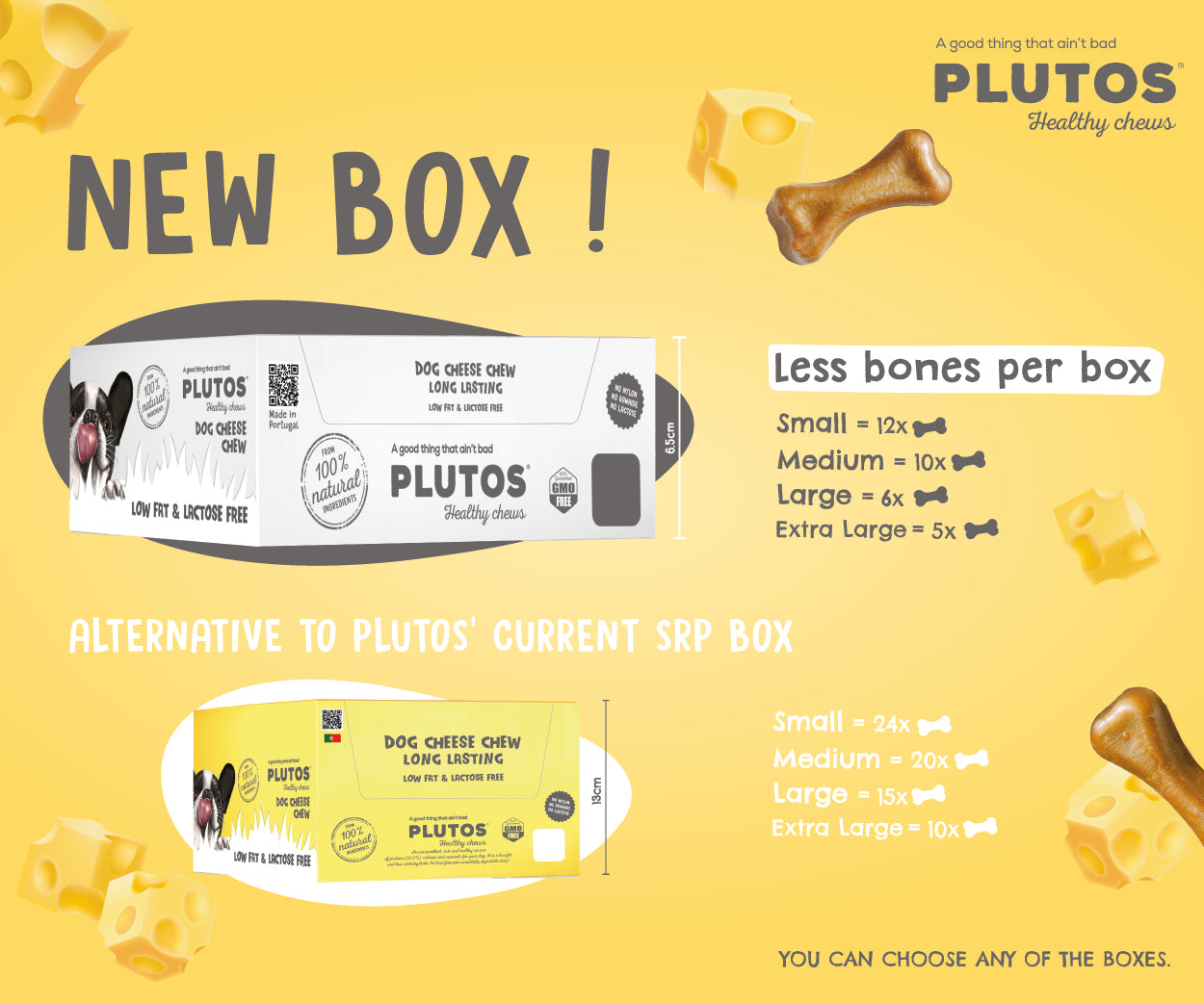 Plutos Cheese Chew multipack (S/M/L/XL) — front pack shot, casein functional natural dog chew