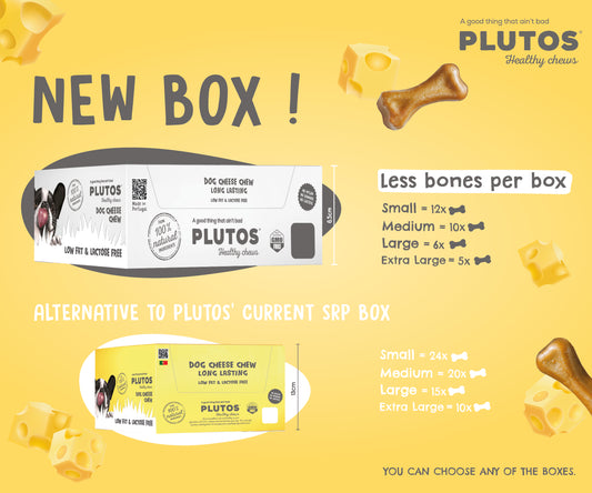Plutos Cheese Chew multipack (S/M/L/XL) — front pack shot, casein functional natural dog chew