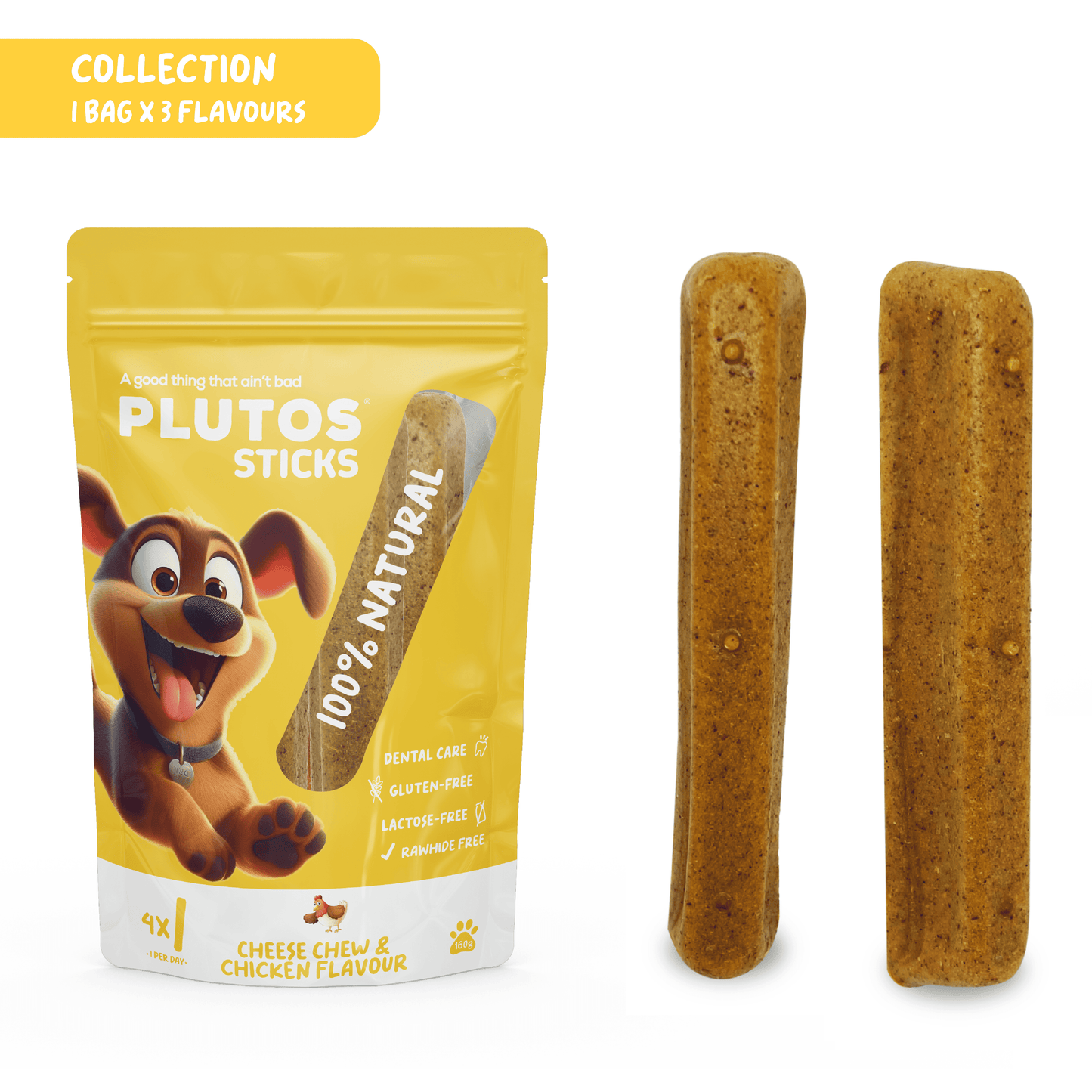 Plutos Cheese Dental Sticks — product angle, functional natural dog chew