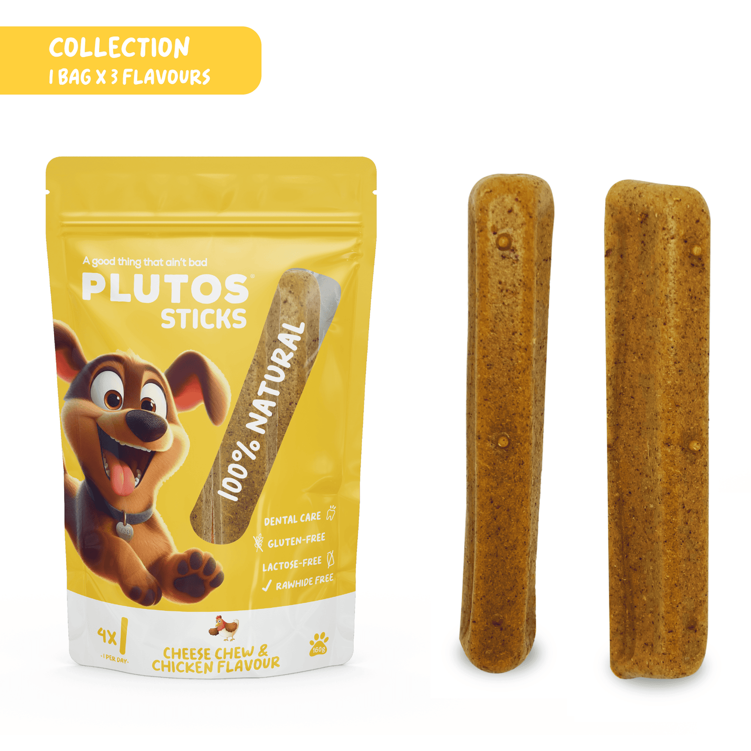 Plutos Cheese Dental Sticks — product angle, functional natural dog chew