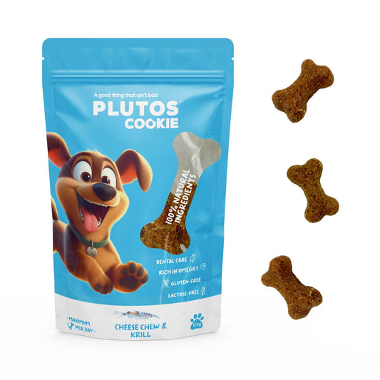Plutos Cheese & Krill Cookies — front pack shot, functional natural dog treat