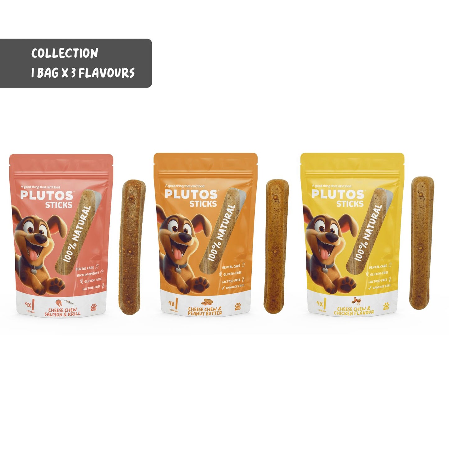 Plutos Cheese Dental Sticks — single chew close-up, functional natural dog chew