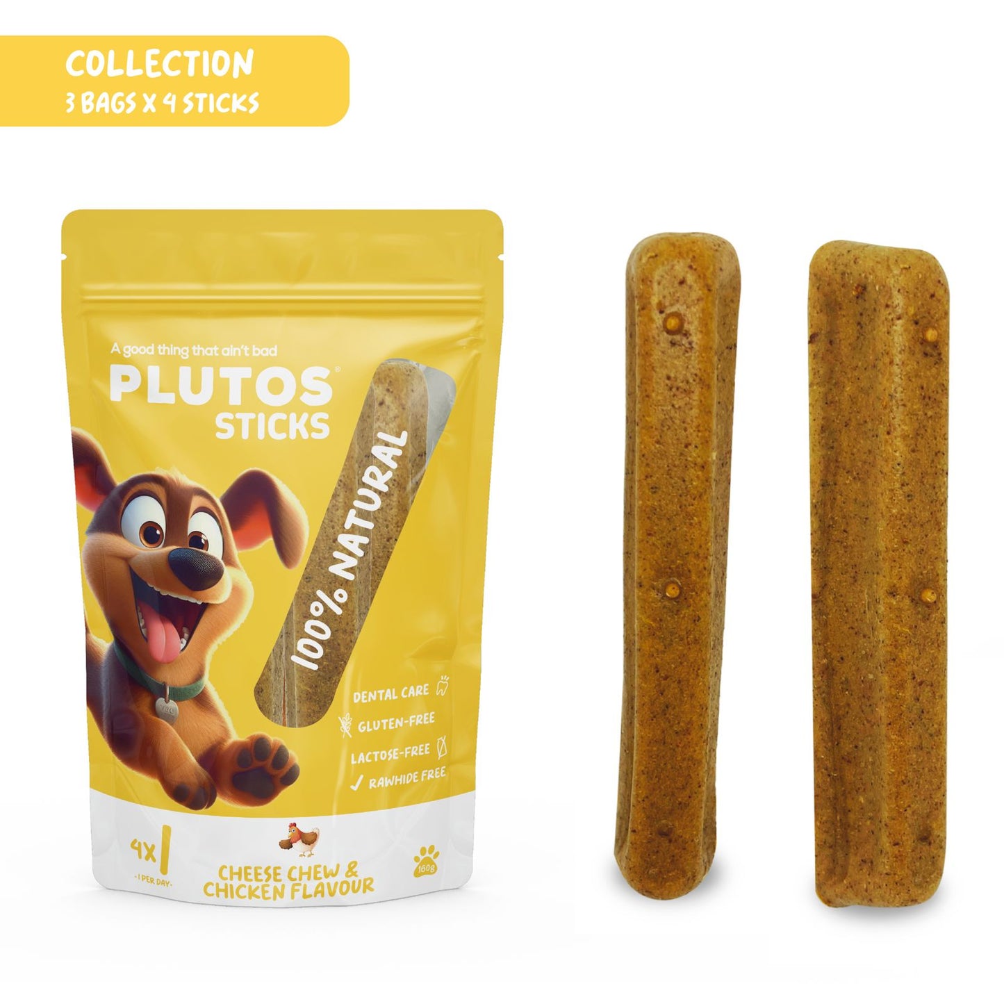Plutos Cheese Dental Sticks — single chew on white background, functional natural dog chew