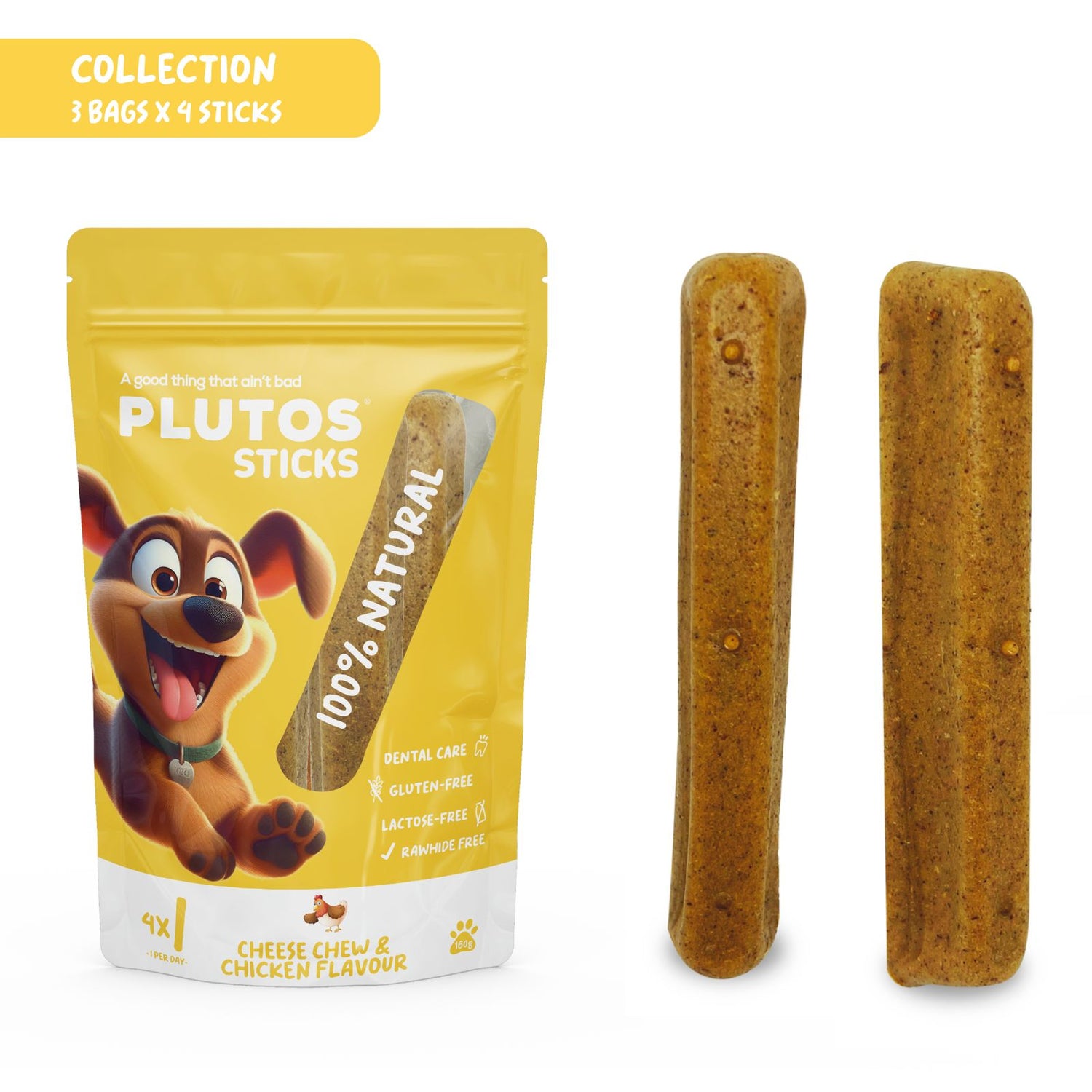 Plutos Cheese Dental Sticks — single chew on white background, functional natural dog chew