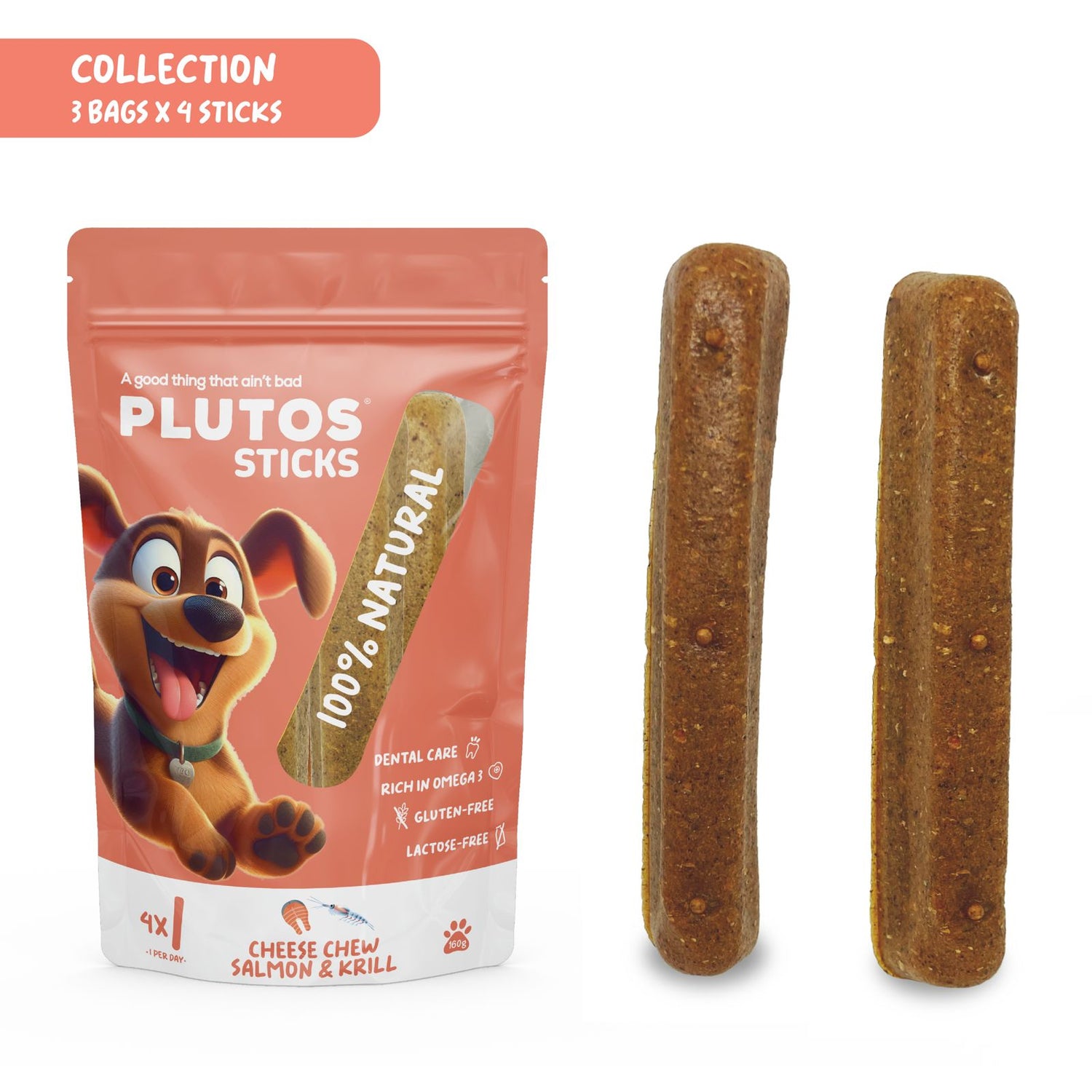 Plutos Cheese Dental Sticks — unwrapped product detail, functional natural dog chew