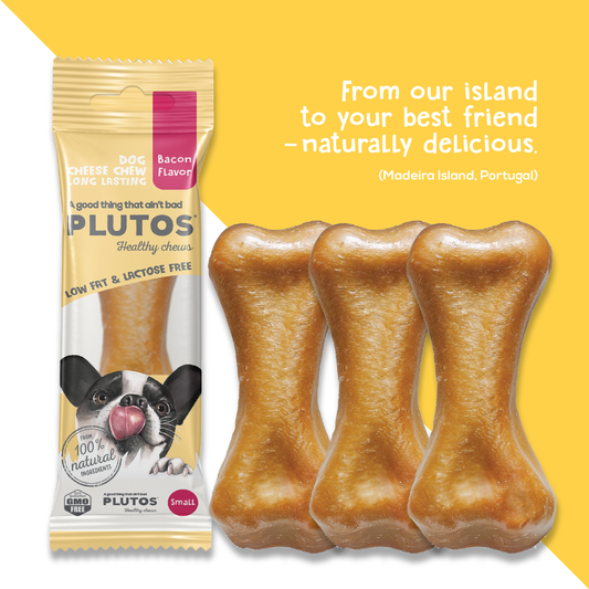 Plutos Cheese & Bacon Chew — front pack shot, functional natural casein dog chew