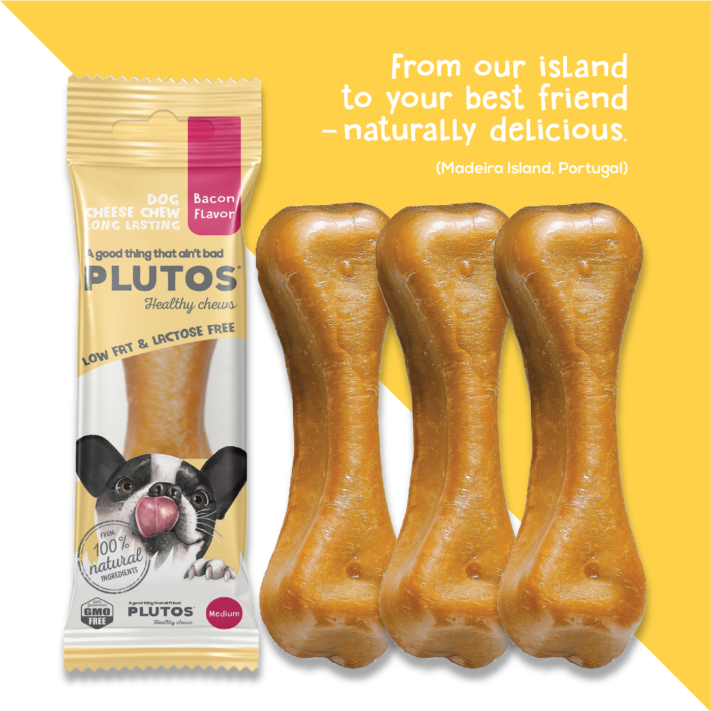 Plutos Cheese & Bacon Chew — back-of-pack showing ingredients and nutrition, functional natural casein dog chew