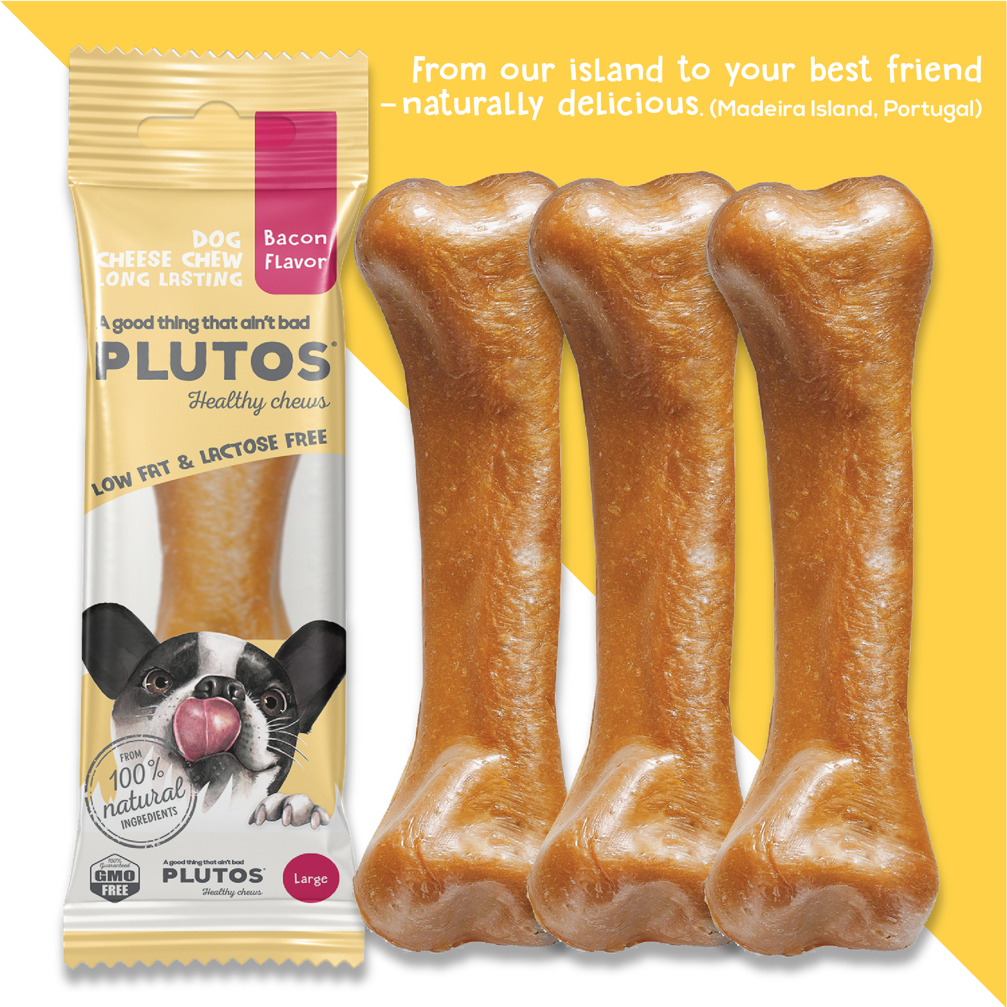 Plutos Cheese & Bacon Chew — product angle, functional natural casein dog chew