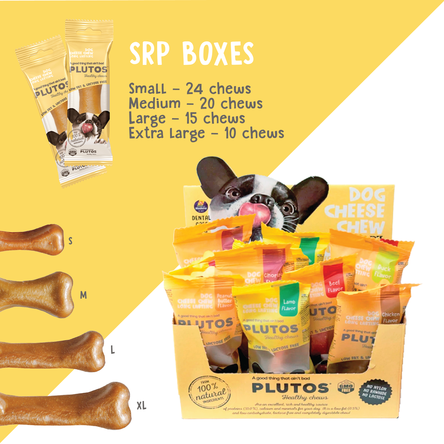 Plutos functional natural casein dog chew — range shot showing multiple flavour packs, casein-based lactose-free dog chews from Madeira