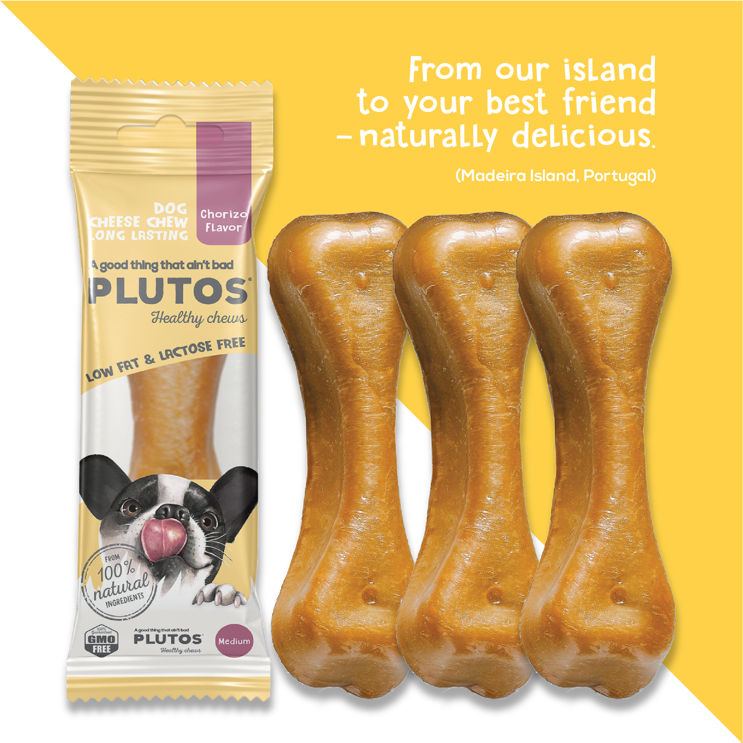 Plutos Cheese & Chourizo Chew — back-of-pack showing ingredients and nutrition, functional natural casein dog chew