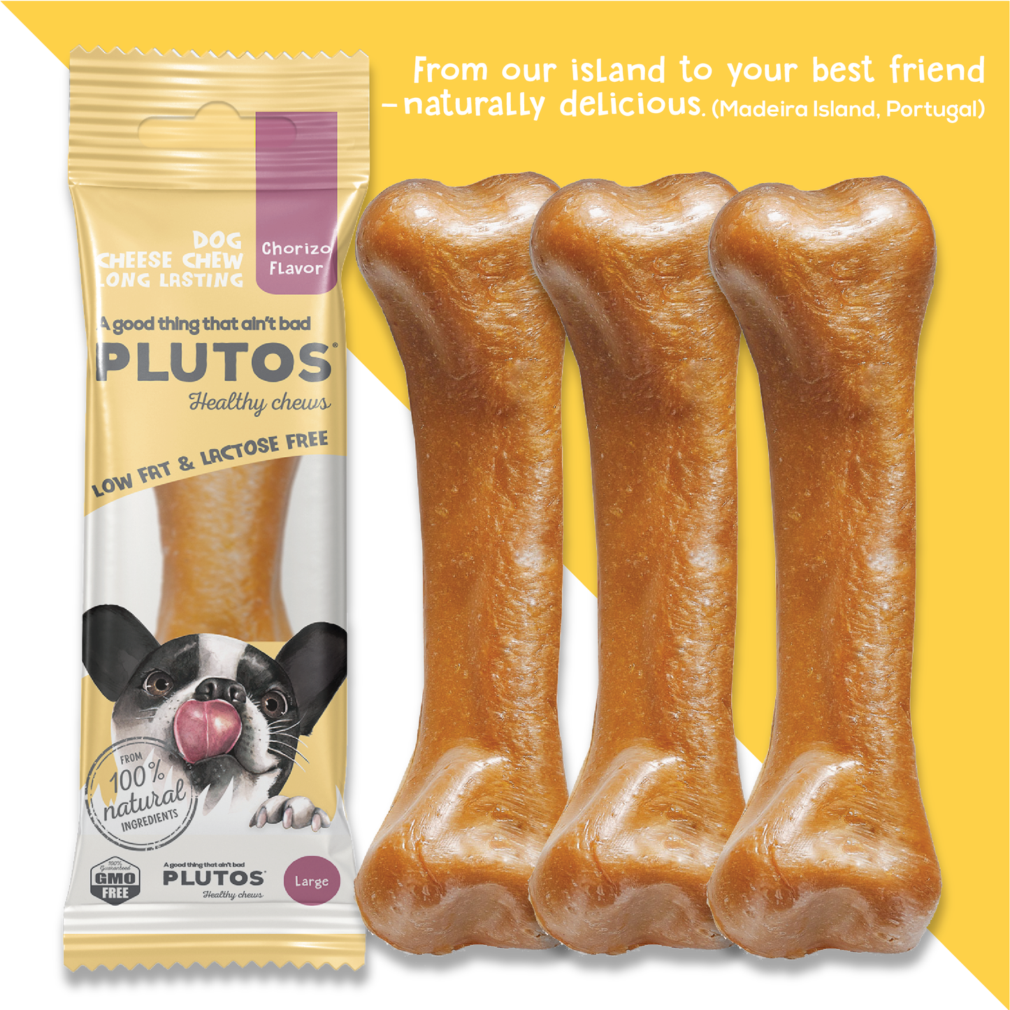 Plutos Cheese & Chourizo Chew — product angle, functional natural casein dog chew
