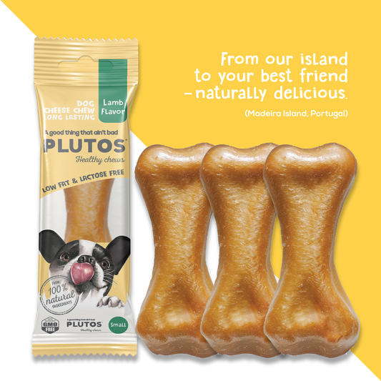 Plutos Cheese & Lamb Chew — front pack shot, functional natural casein dog chew