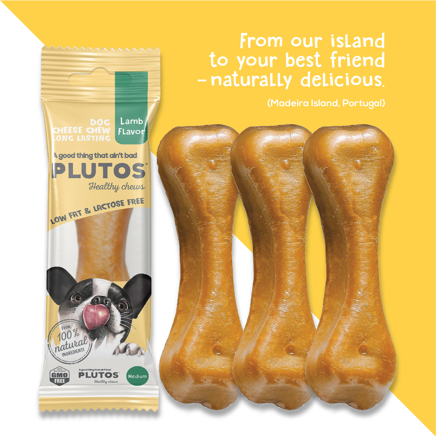 Plutos Cheese & Lamb Chew — back-of-pack showing ingredients and nutrition, functional natural casein dog chew