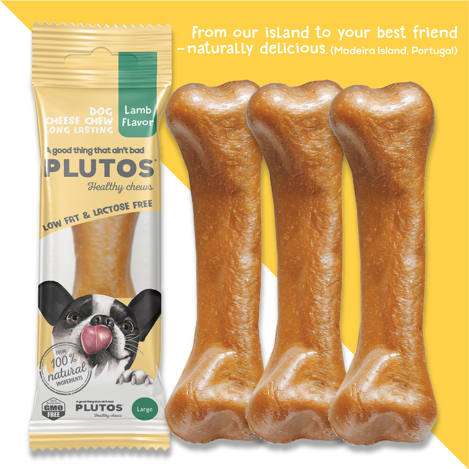 Plutos Cheese & Lamb Chew — product angle, functional natural casein dog chew