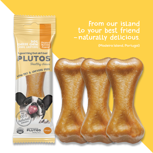 Plutos Cheese & Peanut Butter Chew — front pack shot, functional natural casein dog chew
