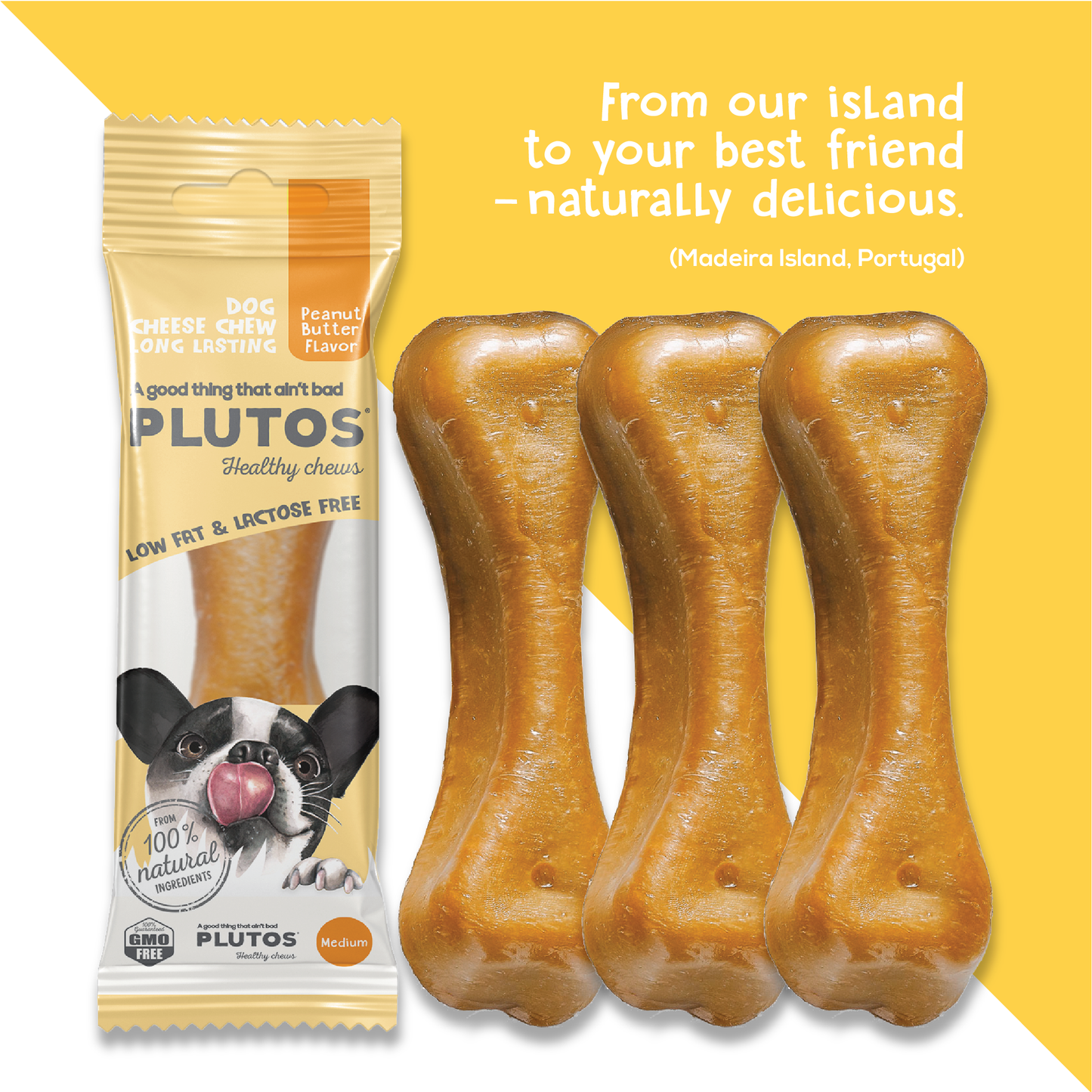 Plutos Cheese & Peanut Butter Chew — back-of-pack showing ingredients and nutrition, functional natural casein dog chew