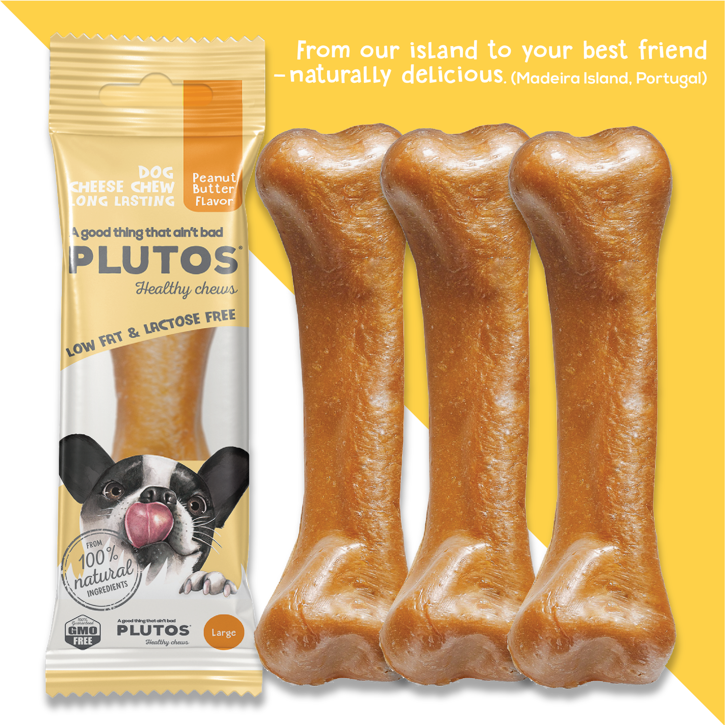 Plutos Cheese & Peanut Butter Chew — product angle, functional natural casein dog chew