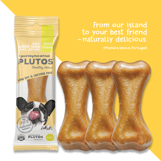 Plutos Cheese & Duck Chew — front pack shot, functional natural casein dog chew