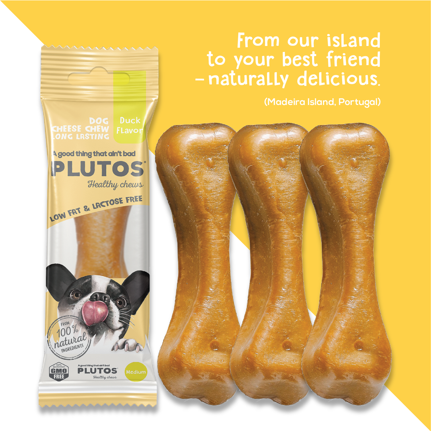 Plutos Cheese & Duck Chew — back-of-pack showing ingredients and nutrition, functional natural casein dog chew