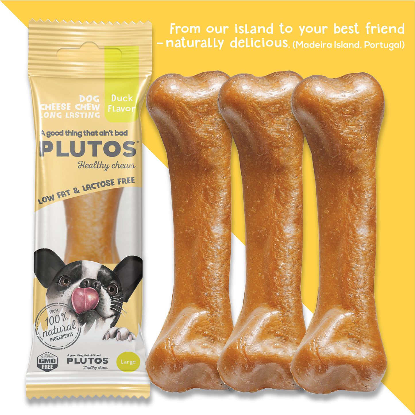 Plutos Cheese & Duck Chew — single chew close-up, functional natural casein dog chew