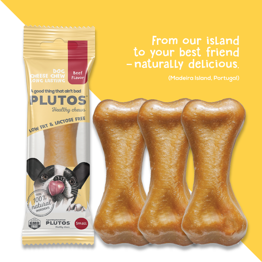 Plutos Cheese & Beef Chew — front pack shot, functional natural casein dog chew