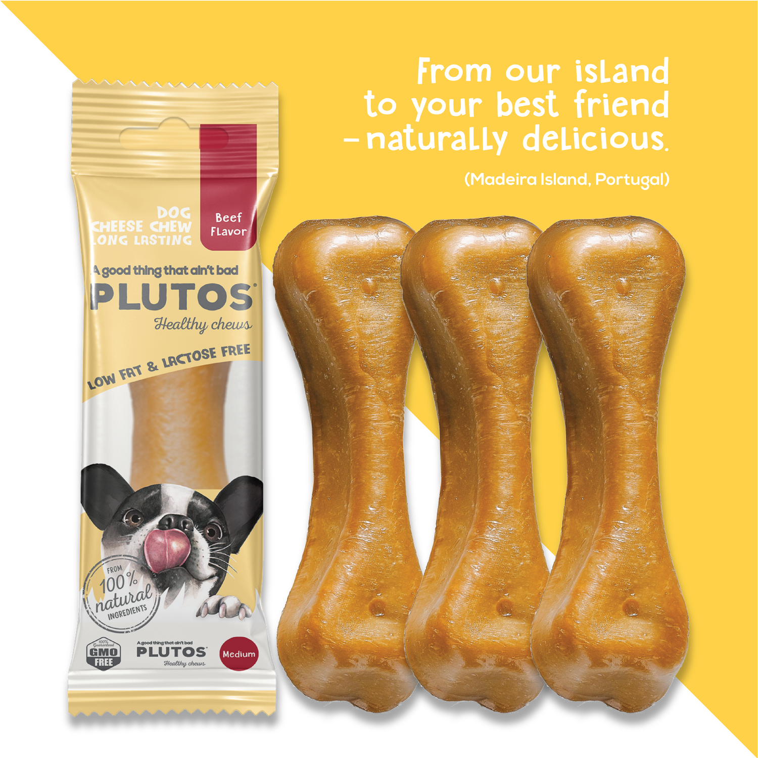 Plutos Cheese & Beef Chew — back-of-pack showing ingredients and nutrition, functional natural casein dog chew