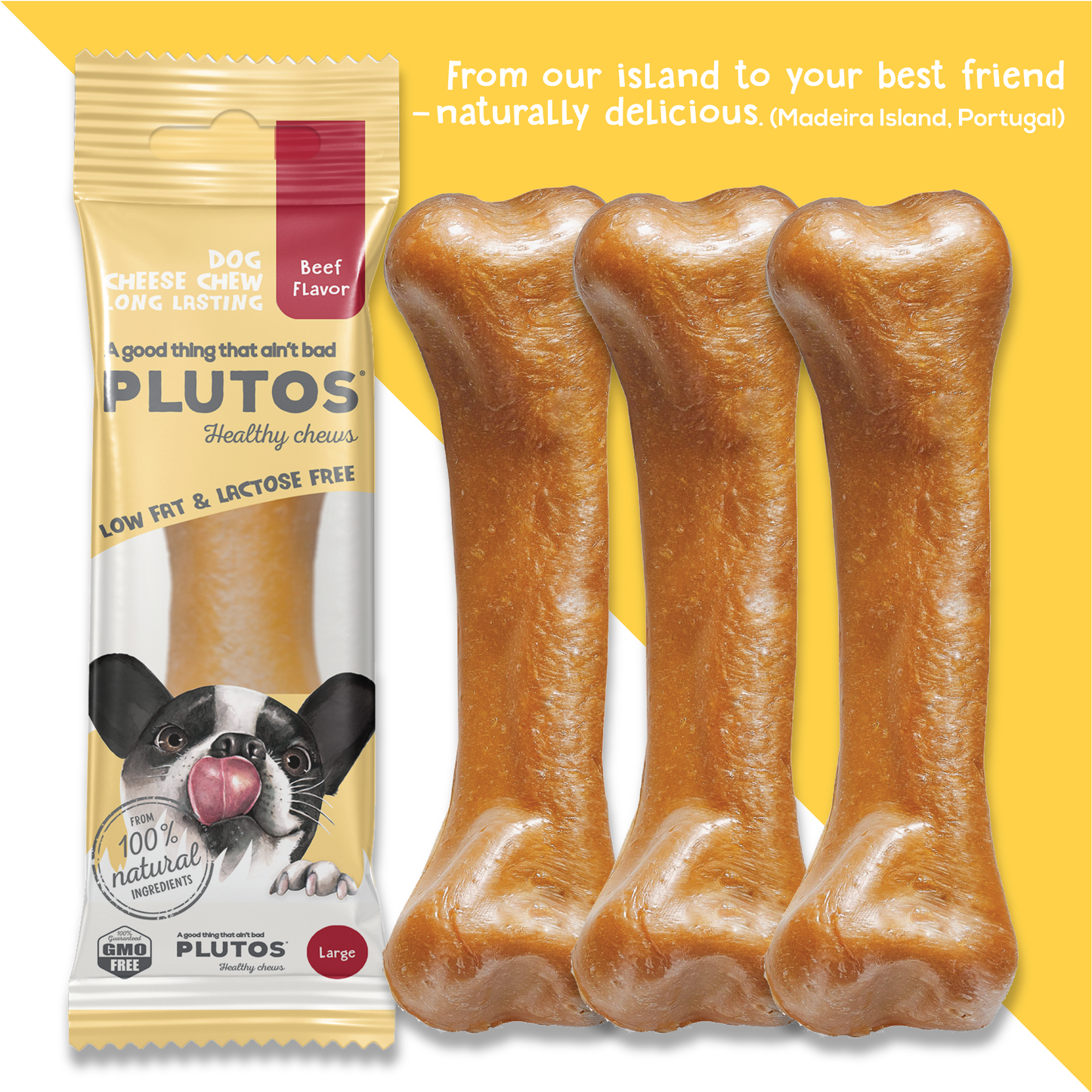 Plutos Cheese & Beef Chew — product angle, functional natural casein dog chew