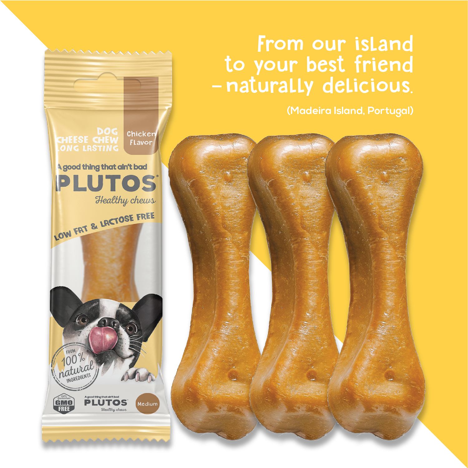 Plutos Cheese & Chicken Chew — back-of-pack showing ingredients and nutrition, functional natural casein dog chew