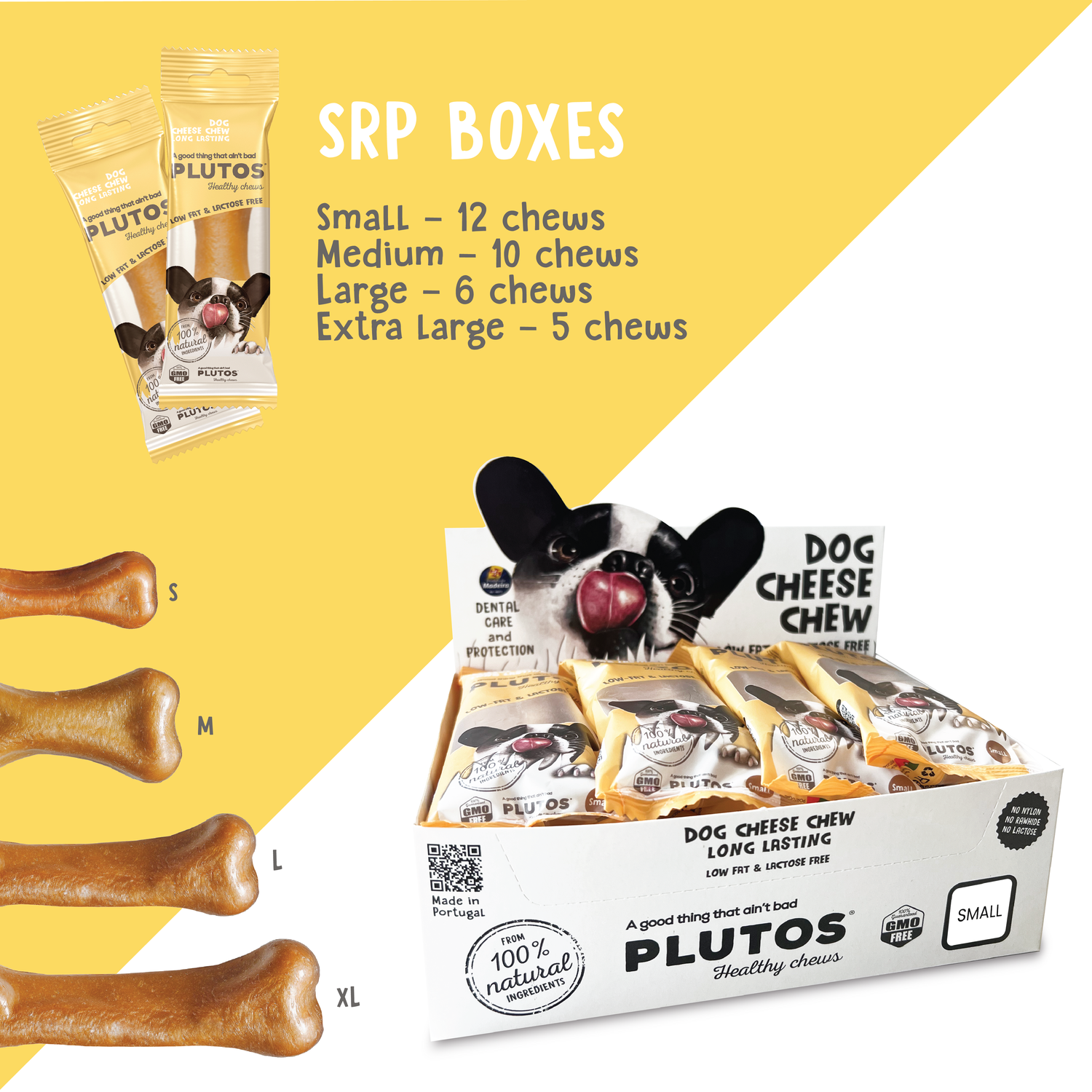 Plutos functional natural casein dog chew — range shot showing multiple flavour packs, casein-based lactose-free dog chews from Madeira