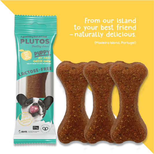 Plutos Puppy Cheese Chew — front pack shot, gentle casein chew for puppies