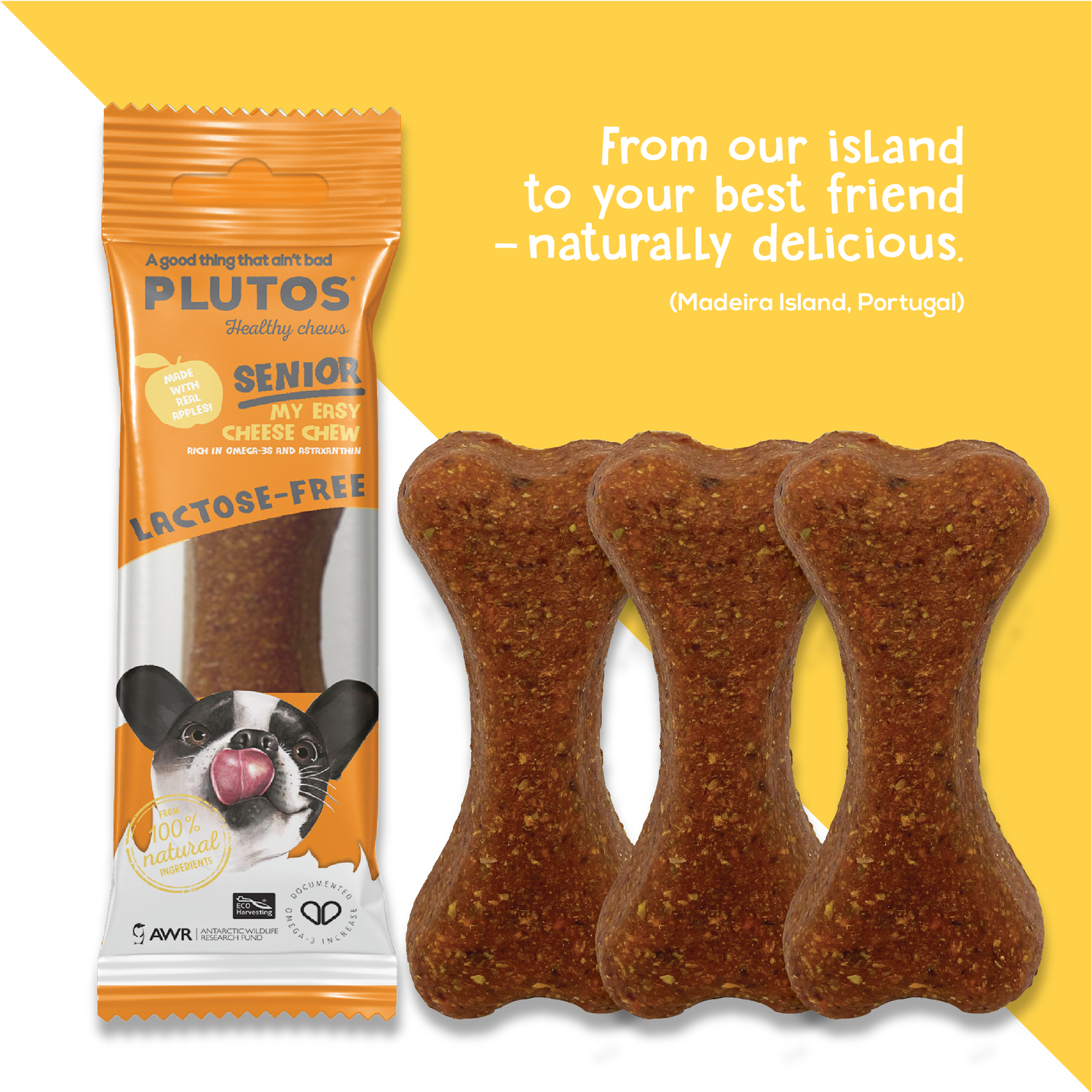 Plutos Senior Cheese & Krill Chew — front pack shot, gentle casein chew for older dogs