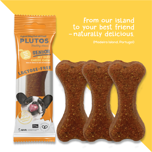 Plutos Senior Cheese & Krill Chew — front pack shot, gentle casein chew for older dogs