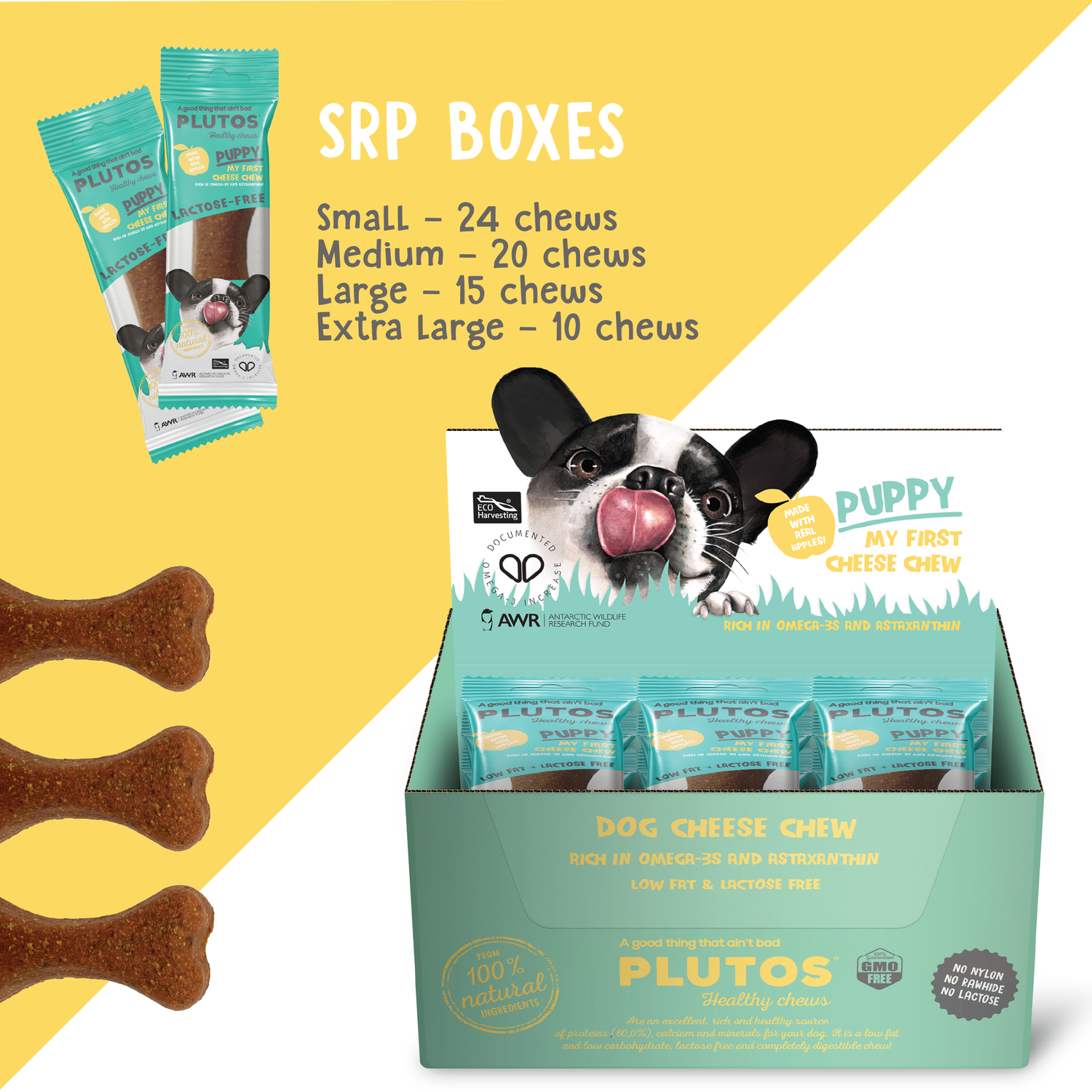 Plutos Puppy Cheese Chew — product size comparison, gentle casein chew for puppies
