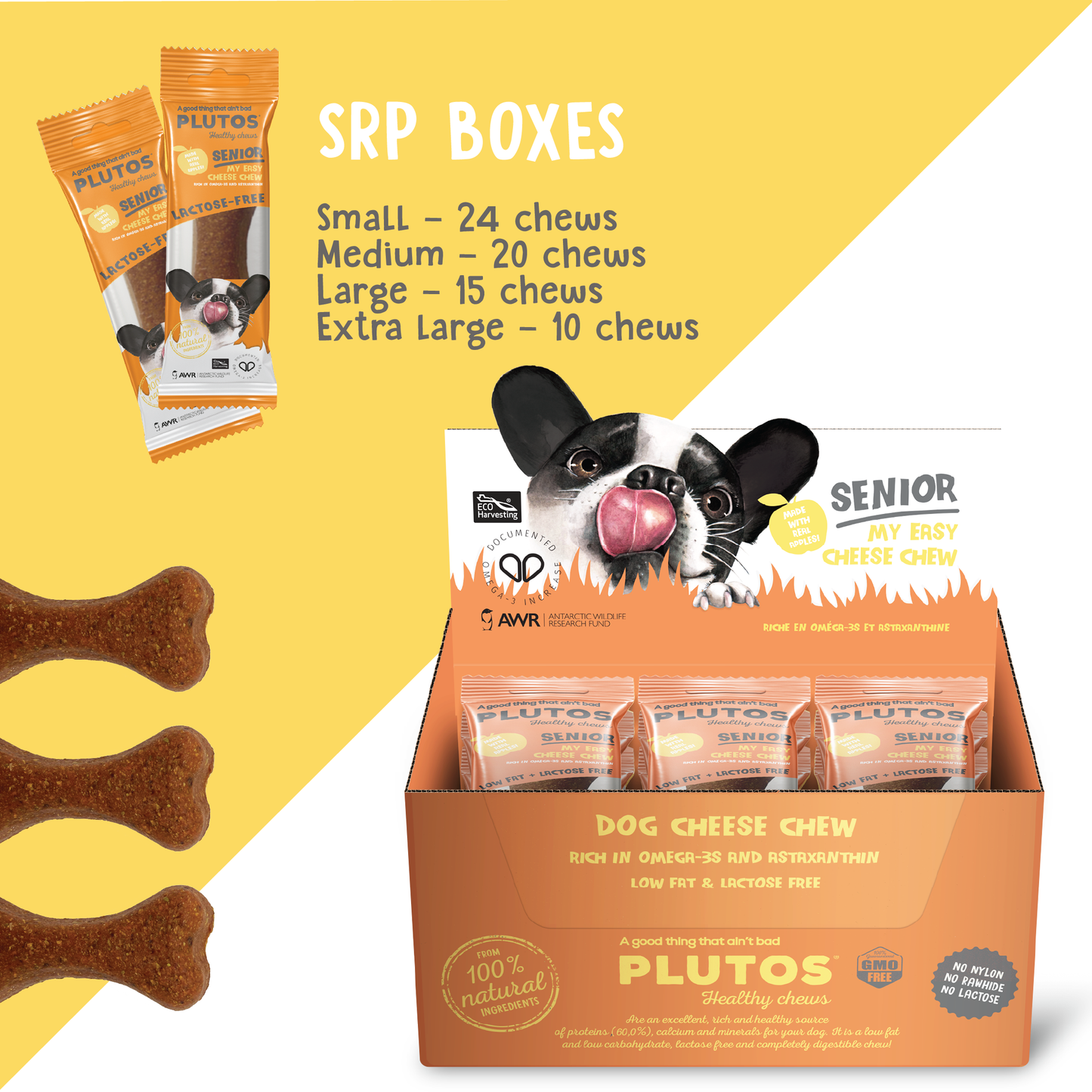 Plutos Senior Cheese & Krill Chew — single chew close-up, gentle casein chew for older dogs