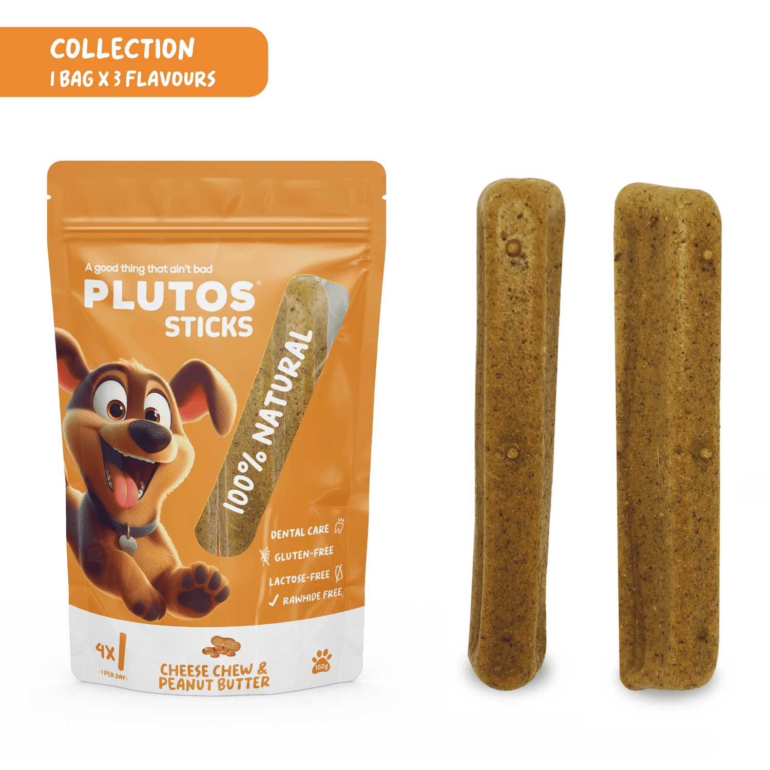 Plutos Cheese Dental Sticks — front pack shot, functional natural dog chew