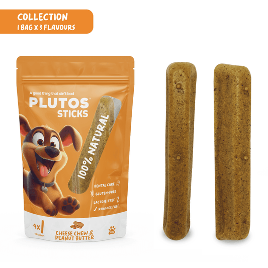 Plutos Cheese Dental Sticks — front pack shot, functional natural dog chew