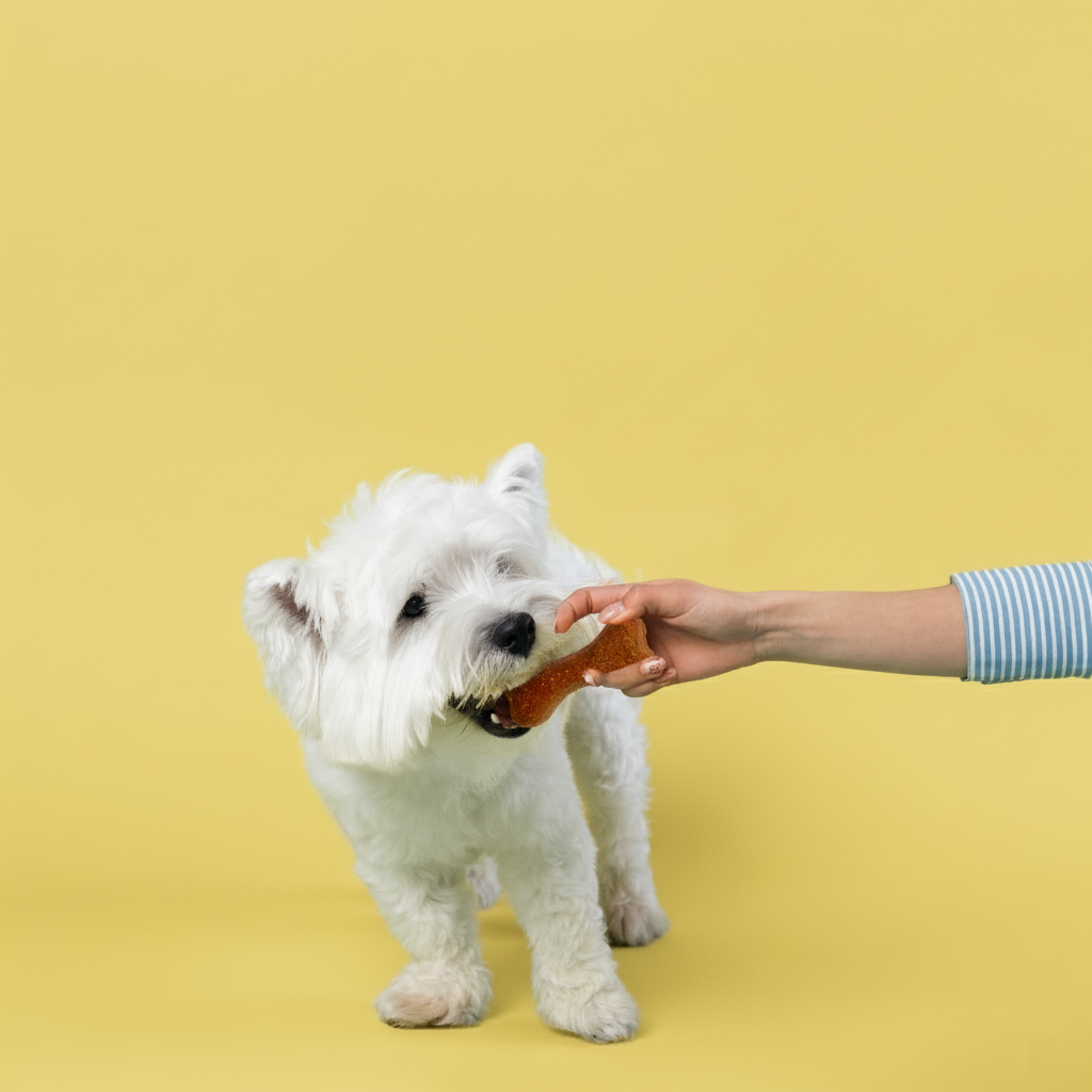 Illustration of a puppy with its first Plutos cheese chew